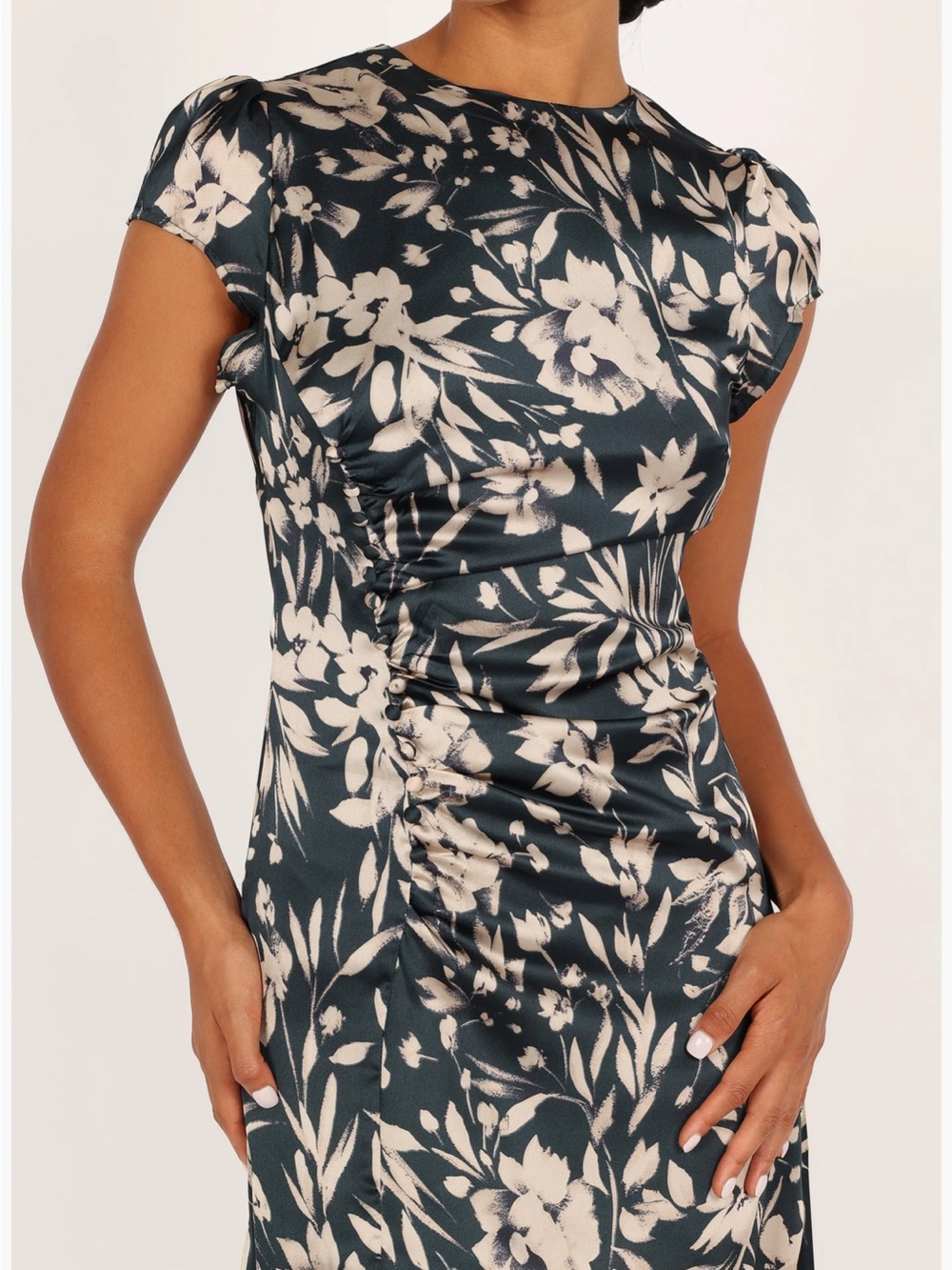 Lisbeth Floral Cap Sleeve Satin Midi Dress